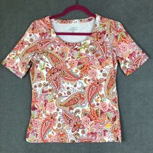Talbots Tee paisley preppy Short Sleeve Stretch Knit T-Shirt size SP